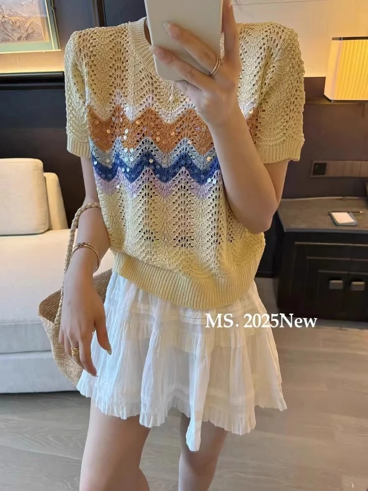韩版亮片甜辣风彩虹条纹针织衫女短款镂空别致短袖洋气上衣H7-59