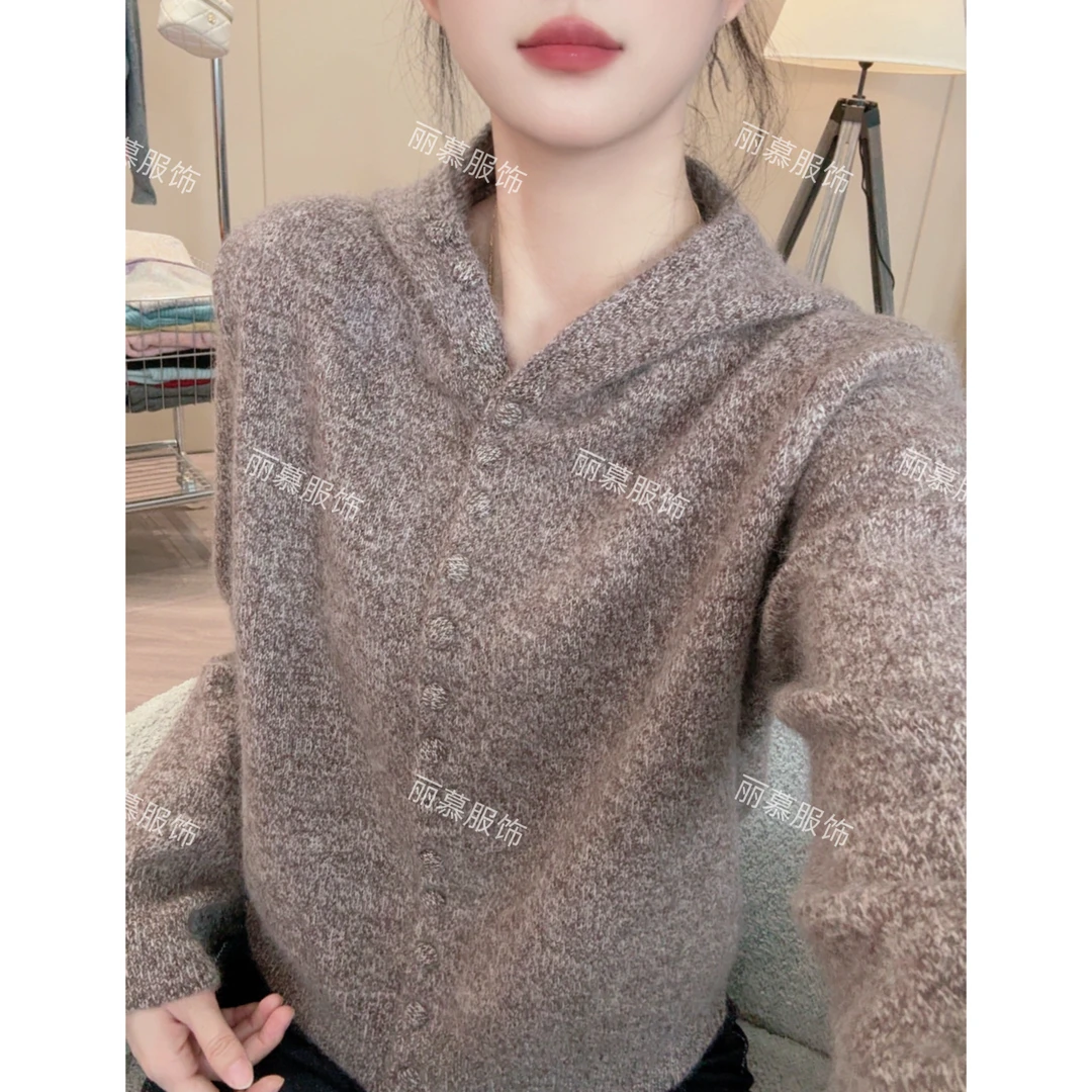 【咖点包扣连帽】连帽单排扣开衫女洋气百搭宽松针织毛衣潮2099