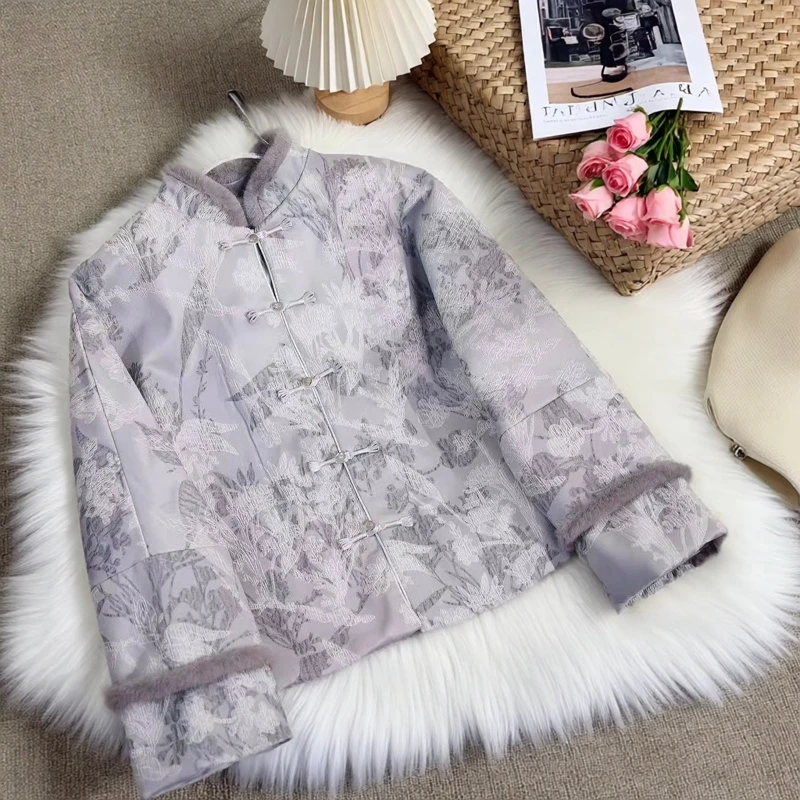 新中式复古立领盘扣棉衣2025年新款女宽松长袖花色毛边外套通勤