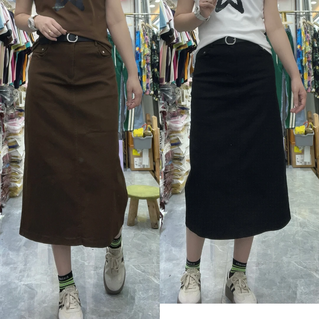 欧货气质弹力后开叉显瘦中长款半身裙