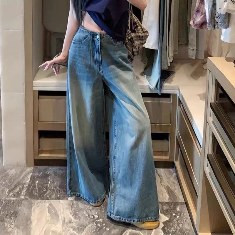 水洗复古蓝美式阔腿小个子牛仔裤女辣妹直筒高腰2025新款拖地长裤