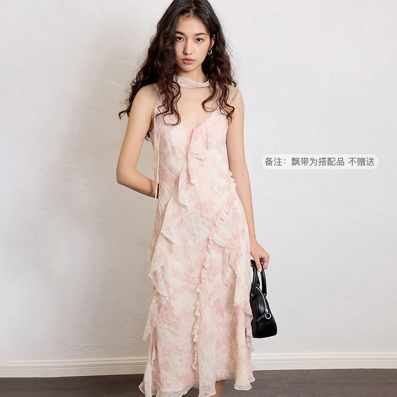 自巧小个子女装穿搭碎花吊带连衣裙海滩度假雪纺裙子 25ZQ91104