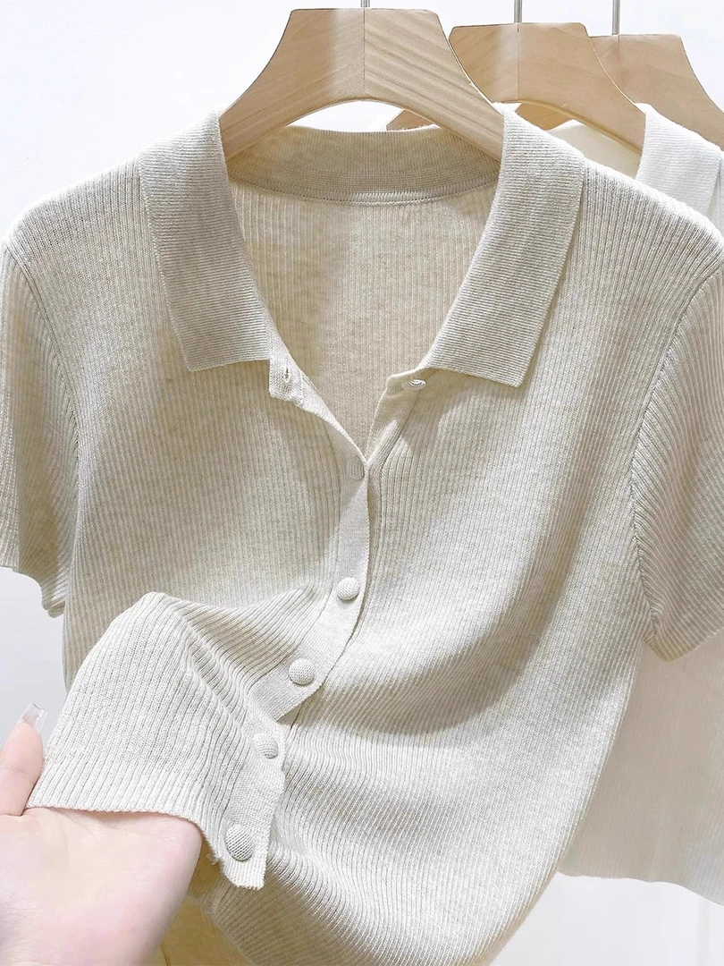 夏季2025新款宽松POLO领冰丝针织开衫女装翻领设计短袖T恤上衣薄