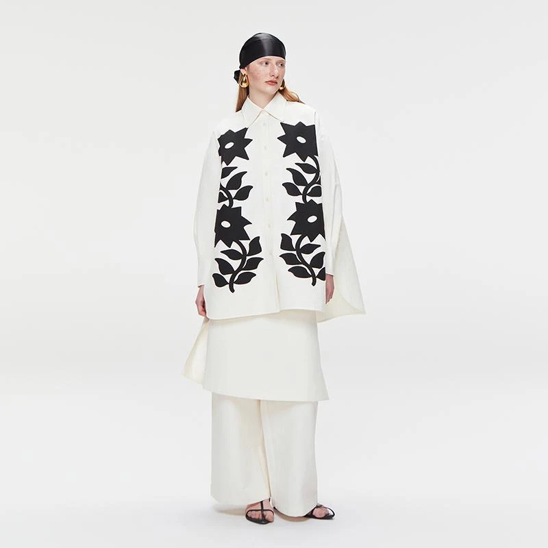 The Middle版画印花长袖衬衫春文艺慵懒高级叠穿裤裙长裤两件套