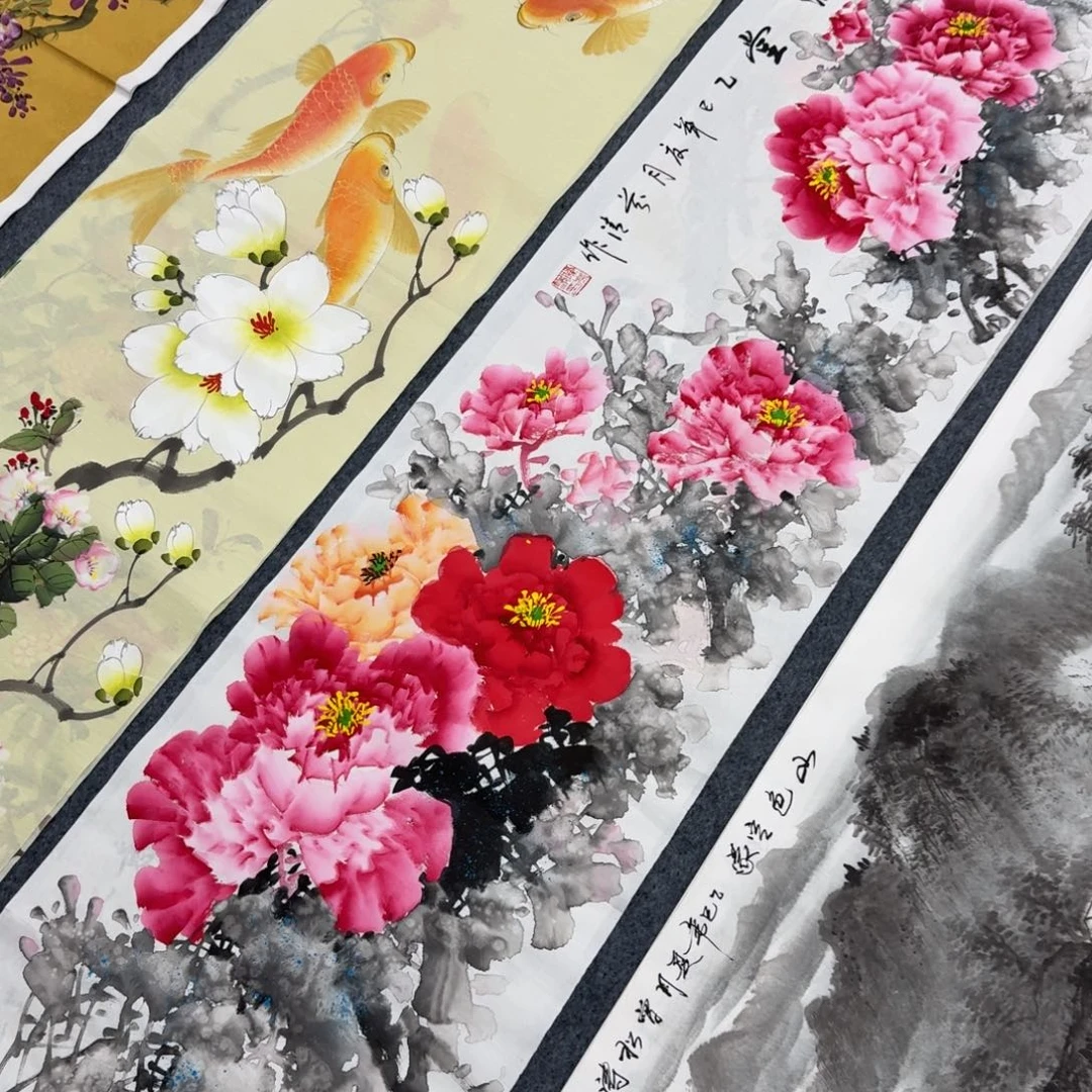 用***6国画四尺对开35X140纯手绘作品