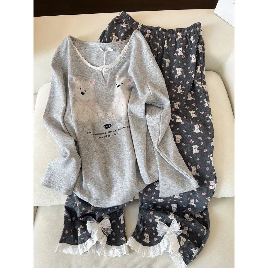 【DMXJ大梦想家】可爱甜美卡通小狗蕾丝边睡衣女秋季新款家居服套装