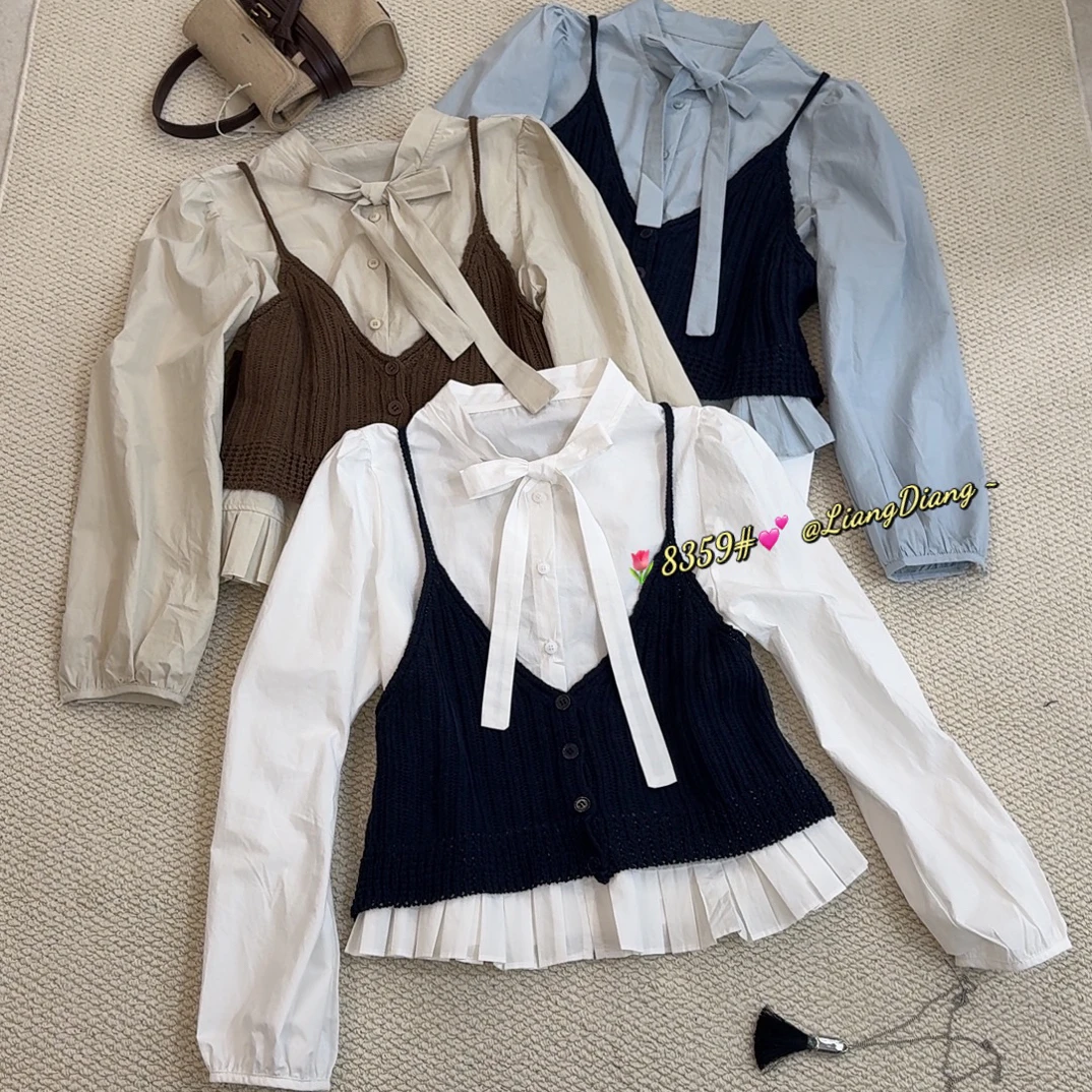 设计感蝴蝶结系带长袖衬衫叠穿针织吊带秋季女性上衣