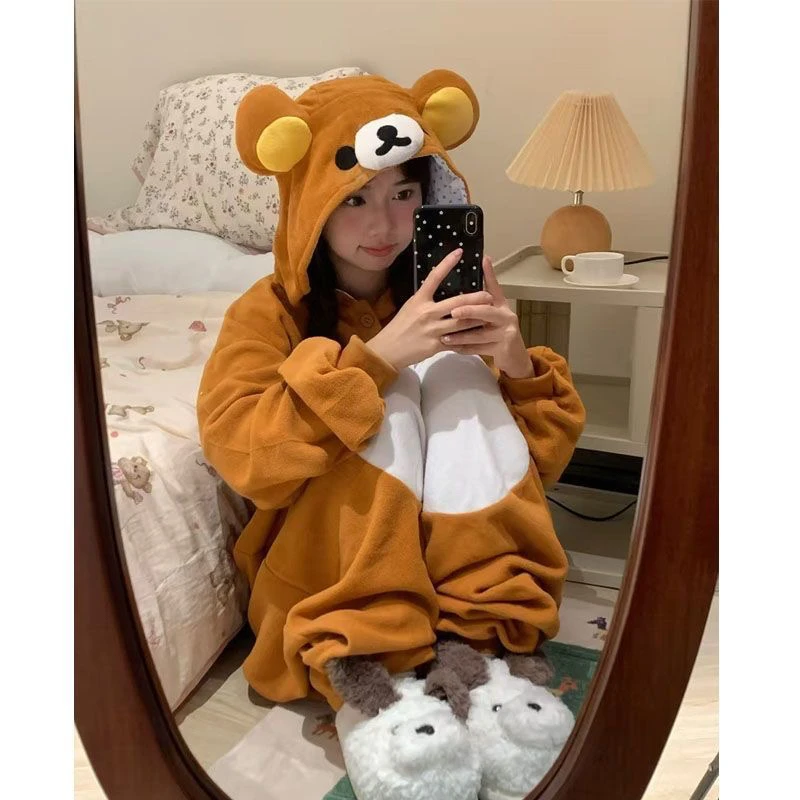 日系轻松熊连体衣可爱秋冬季连帽毛绒睡衣卡通保暖加绒轻松熊睡衣
