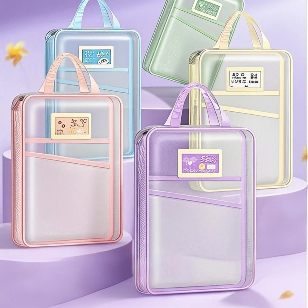 L型科目分类袋透明文件袋手提拉链式网纱大开口学生拎书袋补习袋