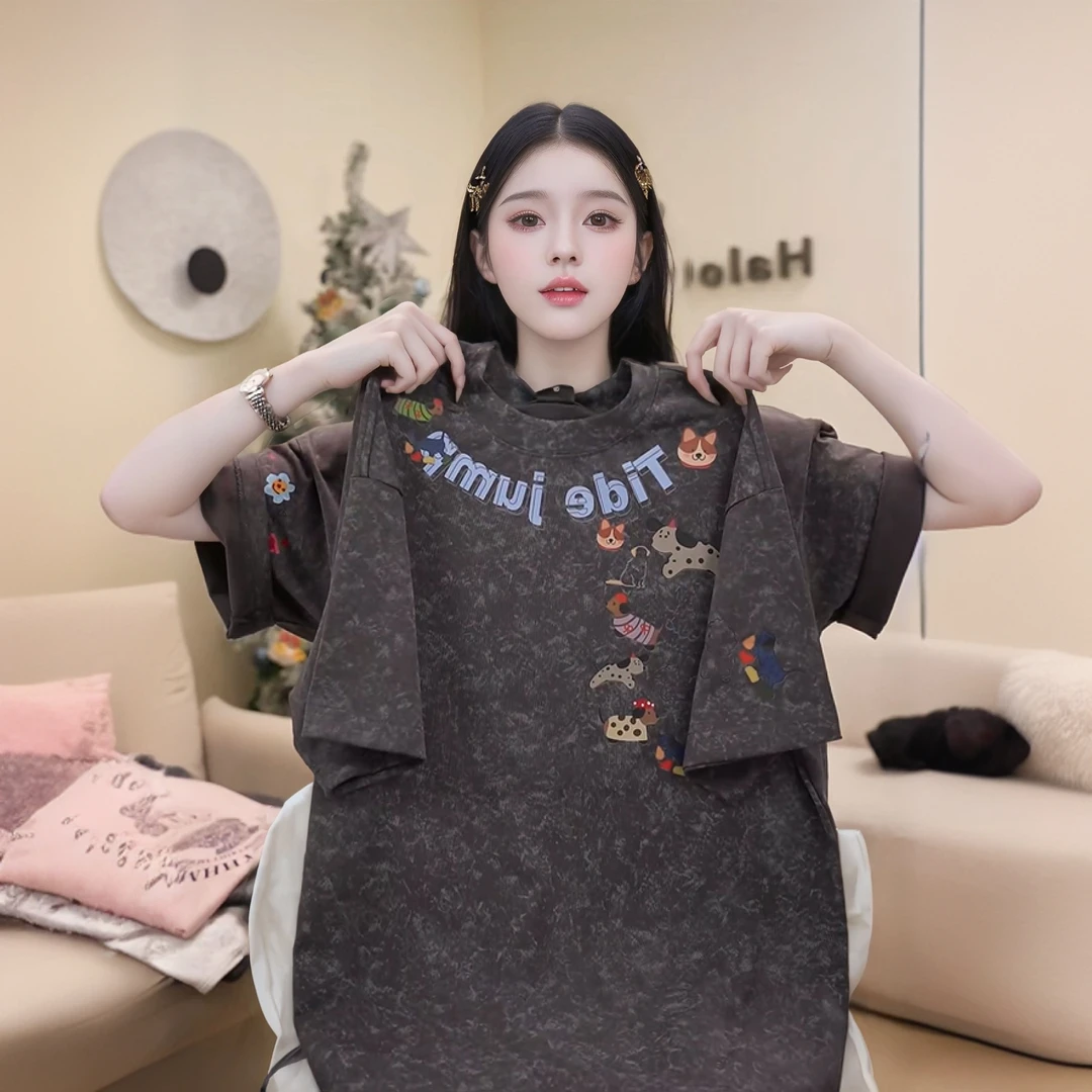 宽松短袖大版t恤时尚休闲百搭夏季印花圆领宽松短袖#T022596