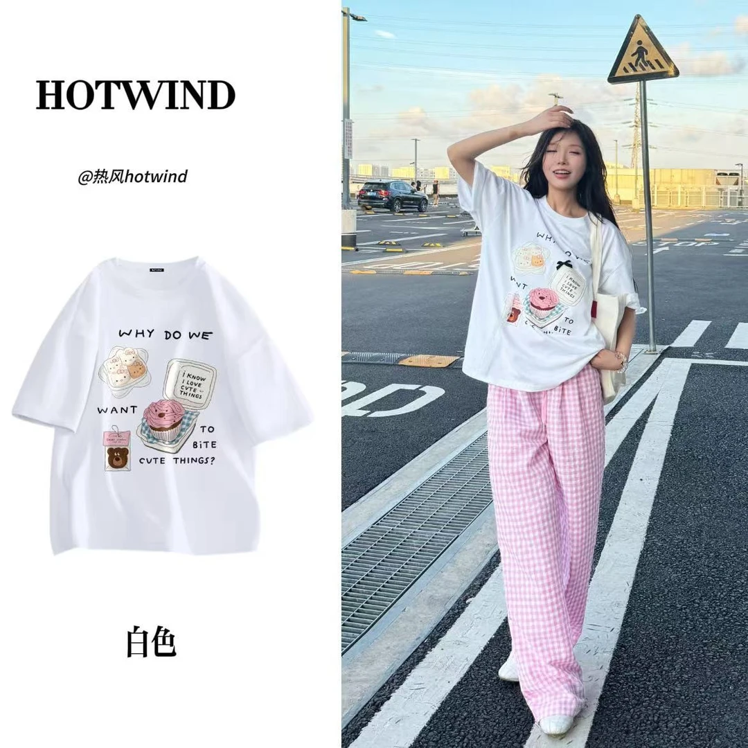 Hotwind/热风甜美宽松印花短袖T恤男女2025新款小众百搭潮情侣款