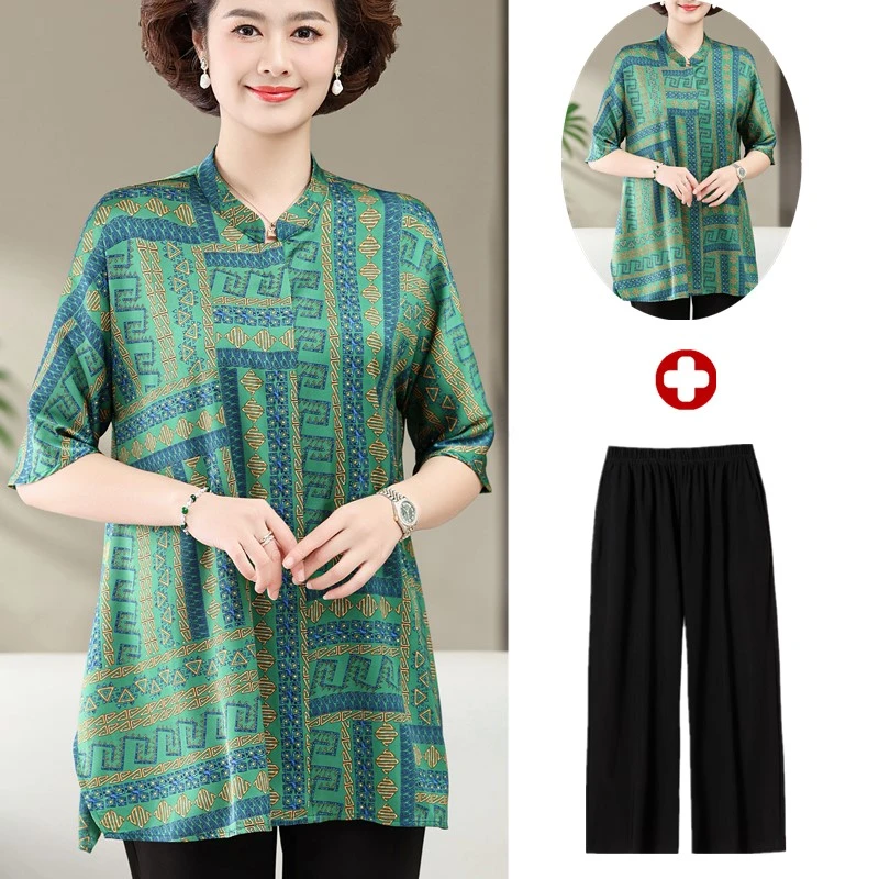 阔太太桑蚕丝衬衫中长款加肥加大版中老年胖妈妈夏装遮肚上衣套装