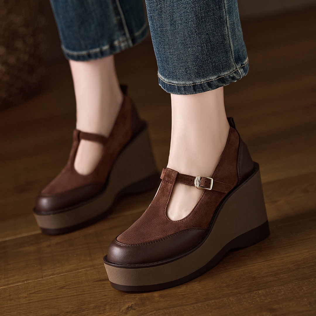 9CM厚底坡跟玛丽珍鞋女真皮一字扣带单鞋2025秋新款复古高跟皮鞋