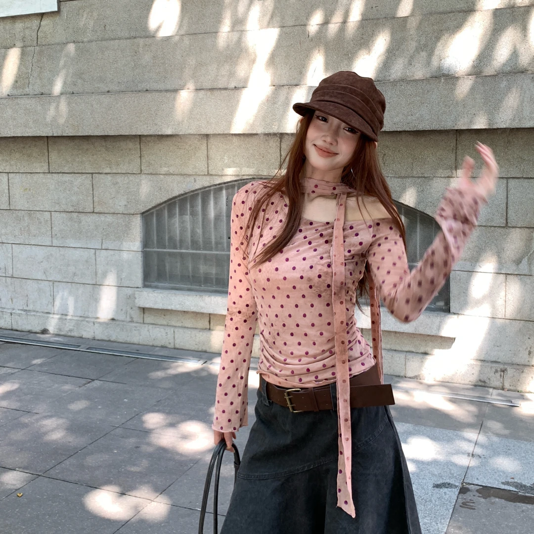 清清（NO退NO换） 秋季薄感波点网纱斜肩系带长袖上衣