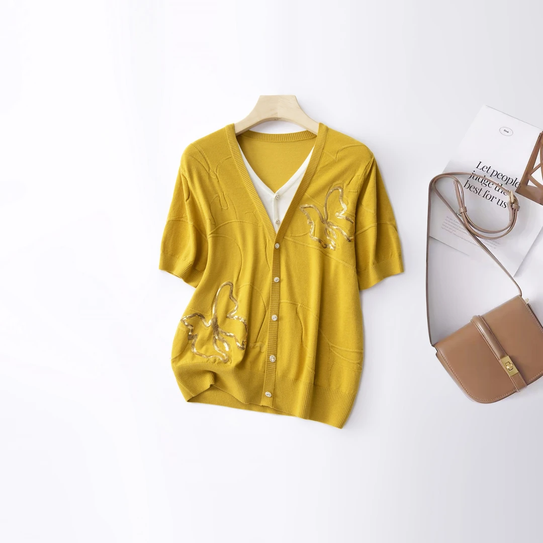 【醋酸针织】数兰朵高品质夏季醋酸天丝短袖开衫 透气时尚薄半袖