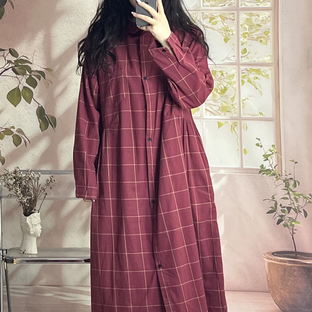 日系 经典磨毛婉约格子连衣裙