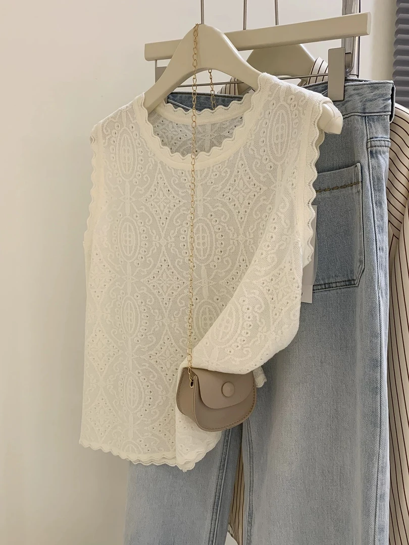 【大图案】法式气质小香风花边圆领内搭女背心打底宽松春夏无袖薄