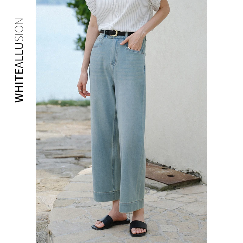 浅蓝色冰丝阔腿牛仔裤女夏季薄款2024新款宽松显瘦高腰直筒九分裤