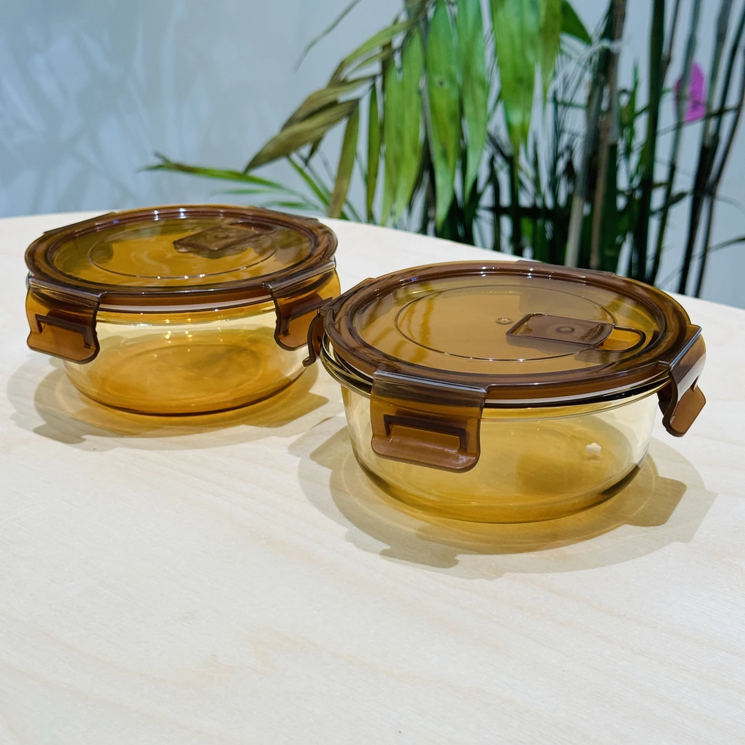 琥珀色圆形玻璃饭盒微波炉加热上班族带饭便当餐盒食品级保鲜盒