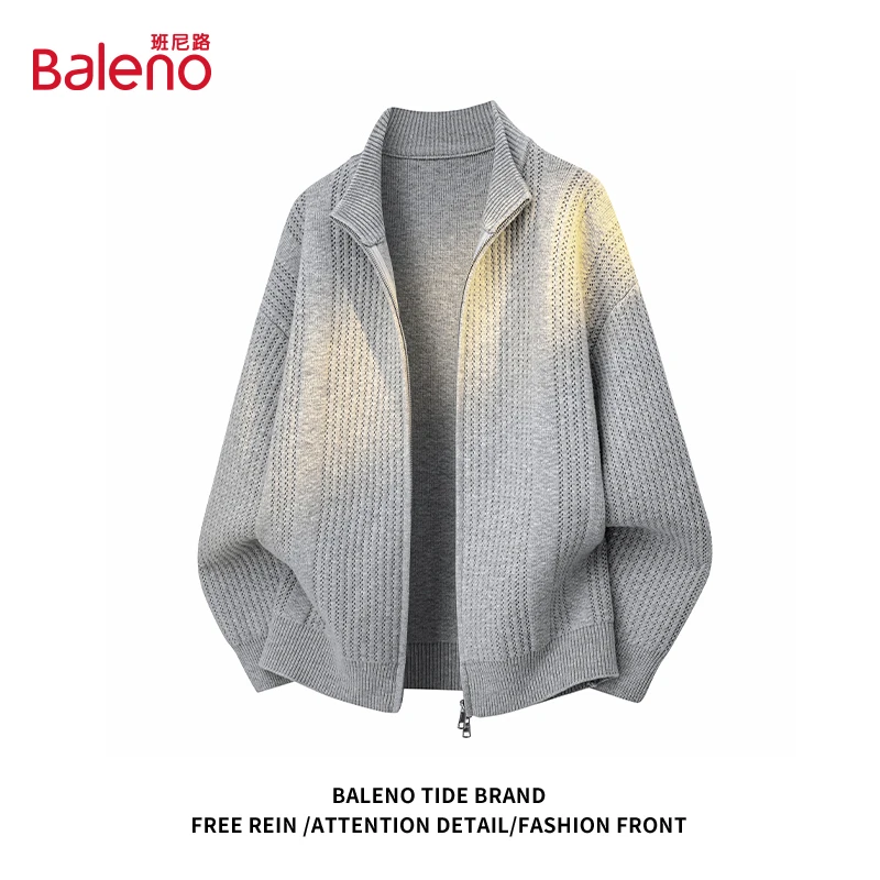 班尼路潮牌美式老钱风双拉链开衫毛衣男秋冬高街立领复古针织外套