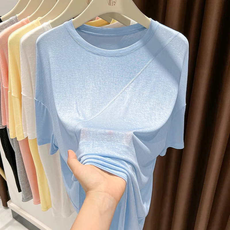 蓝色冰丝针织短袖t恤罩衫女新款简约百搭下摆开叉中长款宽松上衣