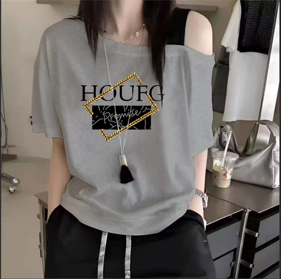 韩版斜肩吊带撞色字母印花短袖t恤女夏季宽松显瘦上衣大码胖妹妹