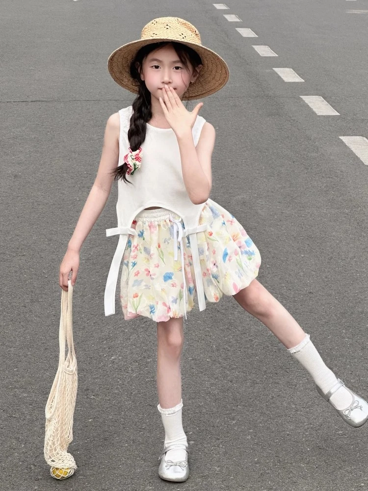 女童夏季裤子2025新款女大童韩版夏款花苞裤裙女孩洋气穿搭两件套