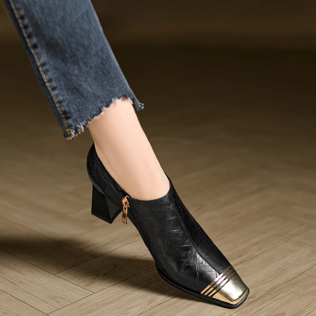 小个子手工女鞋6.5cm~法式高跟鞋金属铁头深口单鞋压花方头小皮鞋