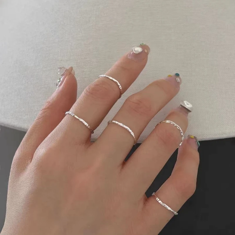 明瑜 925银极简风捶打纹细款素圈肌理开口戒指女个性ins食指环