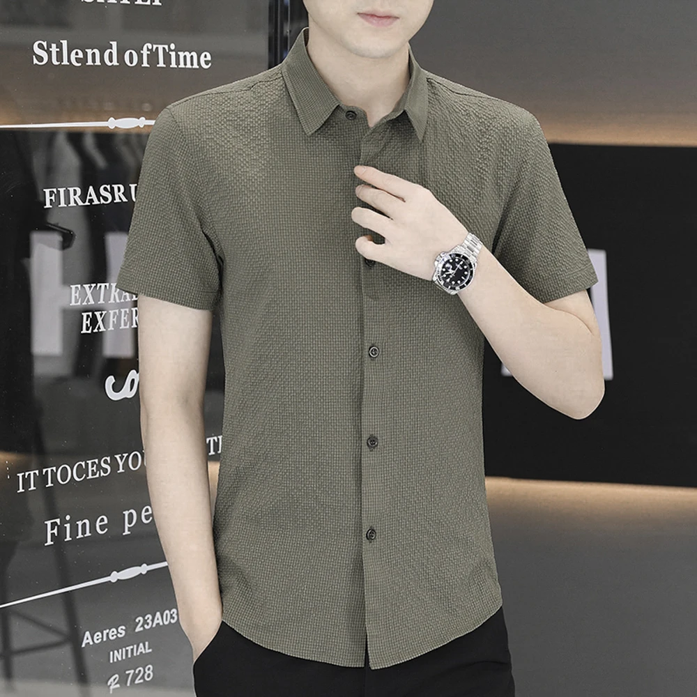 AMITADEK夏季男士短袖衬衫纯色商务正装冰丝凉感免烫百搭休闲衬衣