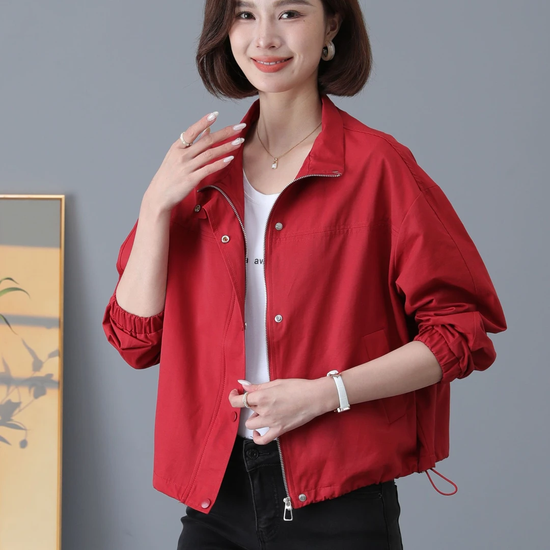 立领休闲夹克2024春秋潮新款宽松纯色短款长袖上衣时尚百搭外套女