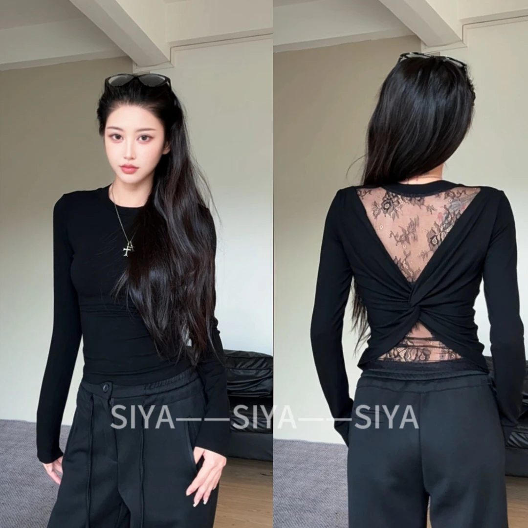 【SIYA】早秋新款气质显瘦后背镂空拼接蕾丝设计感长袖T恤