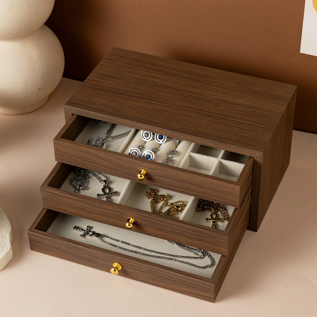 轻奢胡桃木首饰盒复古高级感丝绒内胆戒指收纳盒简约抽屉式珠宝盒