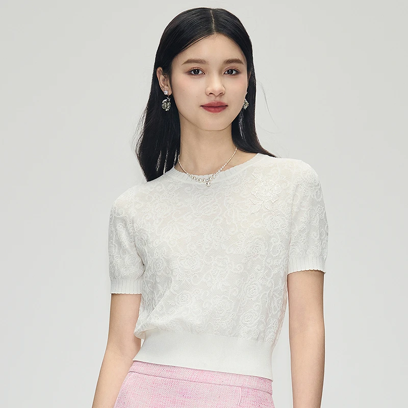 【养肤绢丝棉】玫瑰提花套头针织衫含ya麻DOUBLOVE贝爱25春新款