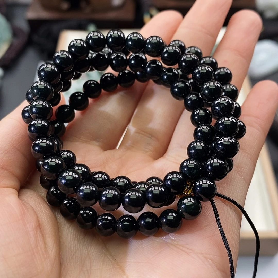 翡翠未镶嵌颈饰缅甸翡翠a货  墨翠珠链6mm