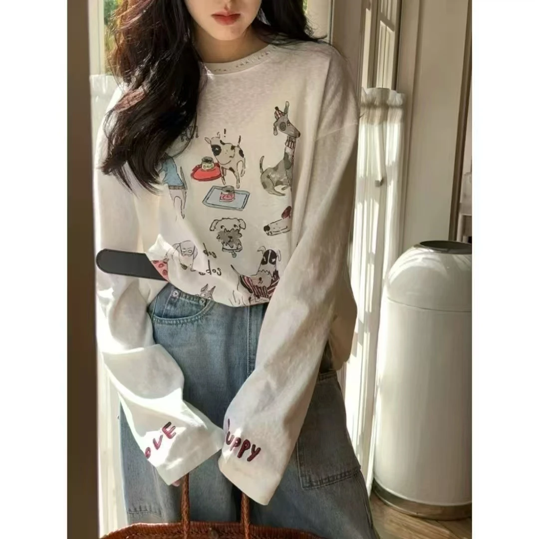 欧货趣味狗狗印花字母刺绣T恤2025休闲减龄破洞针织防晒T恤衫