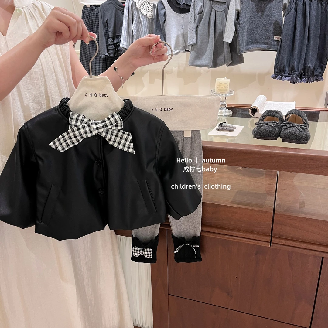 【咸柠七】原创！女童春秋外套皮衣宝宝休闲格子皮衣夹克上衣