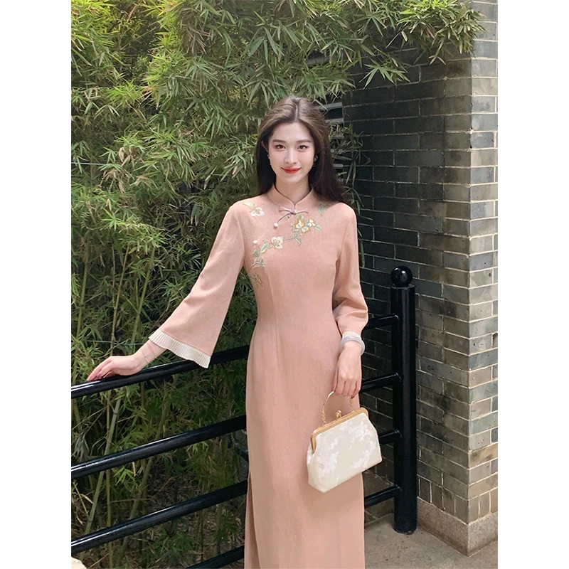凌茜【落梅】新中式春夏显瘦修身绣花中国风旗袍优雅连衣裙