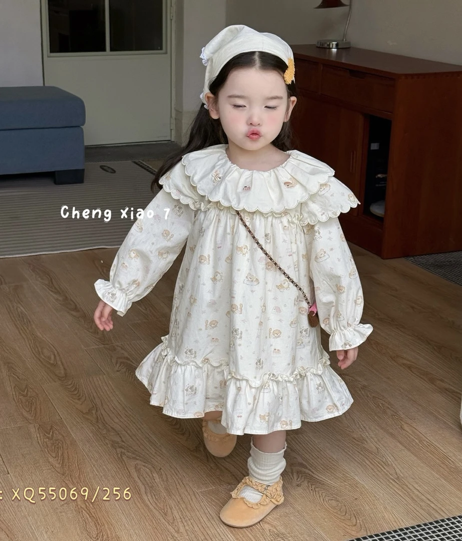 橙小七 5069女童连衣裙2025秋韩版娃娃领卡通长袖裙子(旗袍)