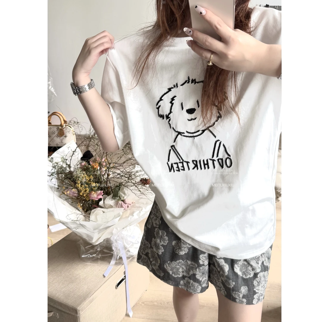 【阿乐家】大码微胖“简笔画小狗”韩系卡通小狗刺绣简约T恤