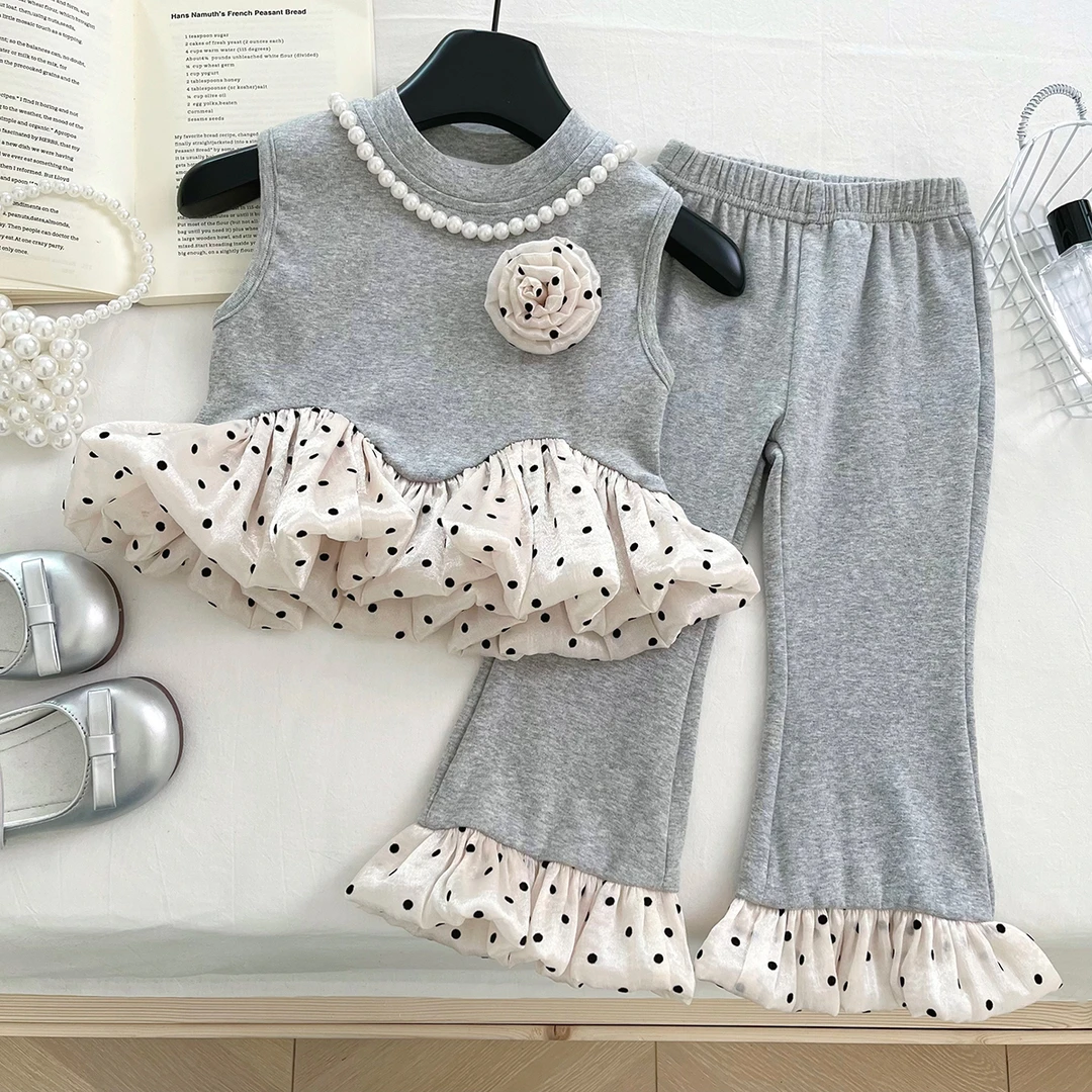 夏季新款女童拼接波浪花朵高级灰上衣裤子两件套S17261