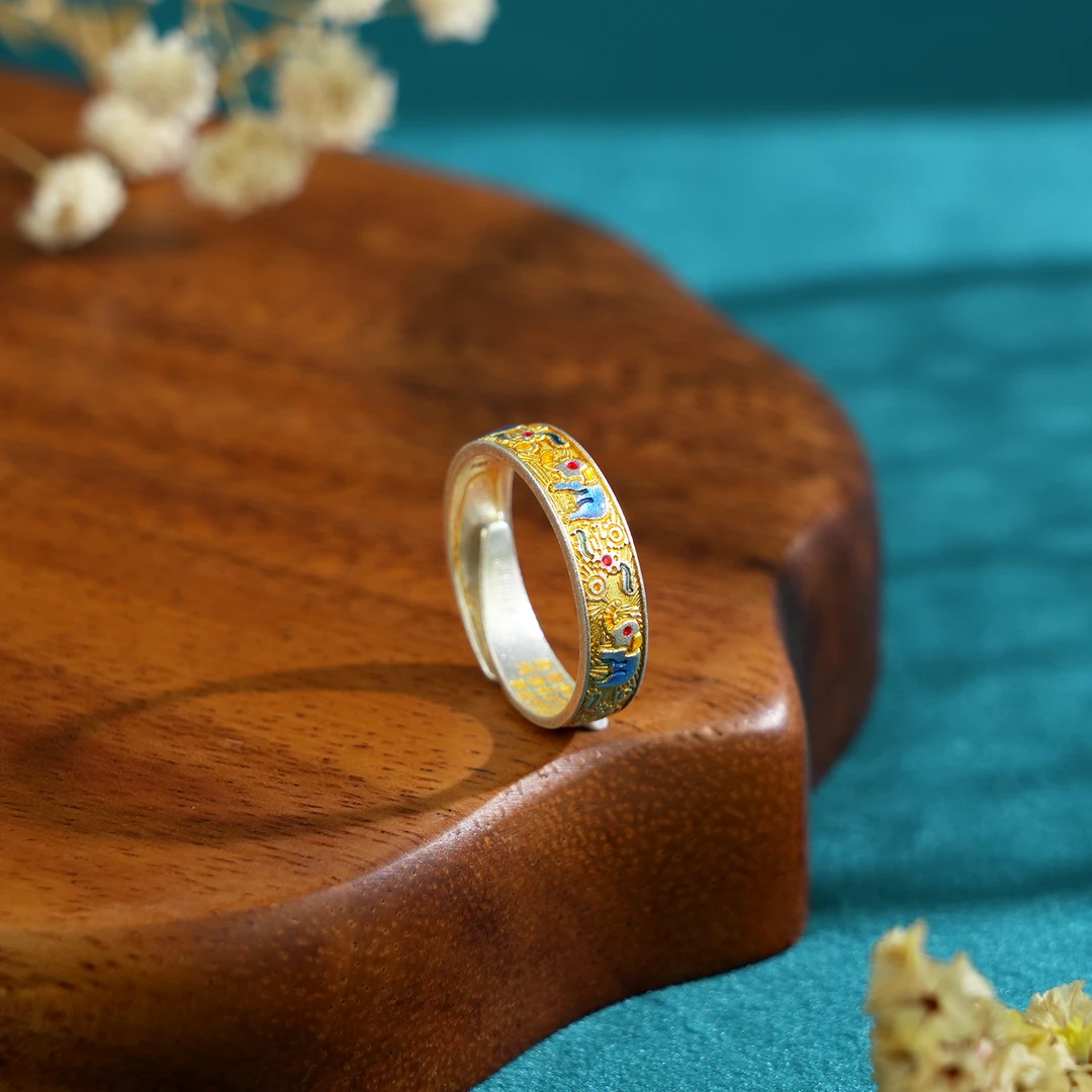 老银匠关东 足银珐琅戒指 吉象纯银戒指实心手工民族风