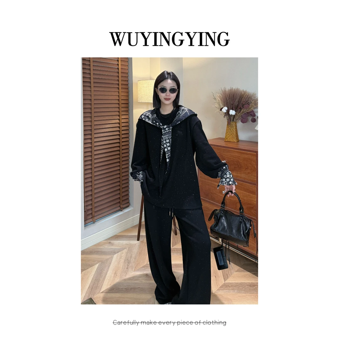 WUYINGYING【邂逅优雅】欧货早秋重工洒银披肩拼接设计时尚上衣