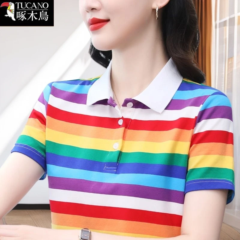 啄木鸟夏季薄款短袖纽扣翻领T恤女士减龄2025年新款条纹拼色上衣