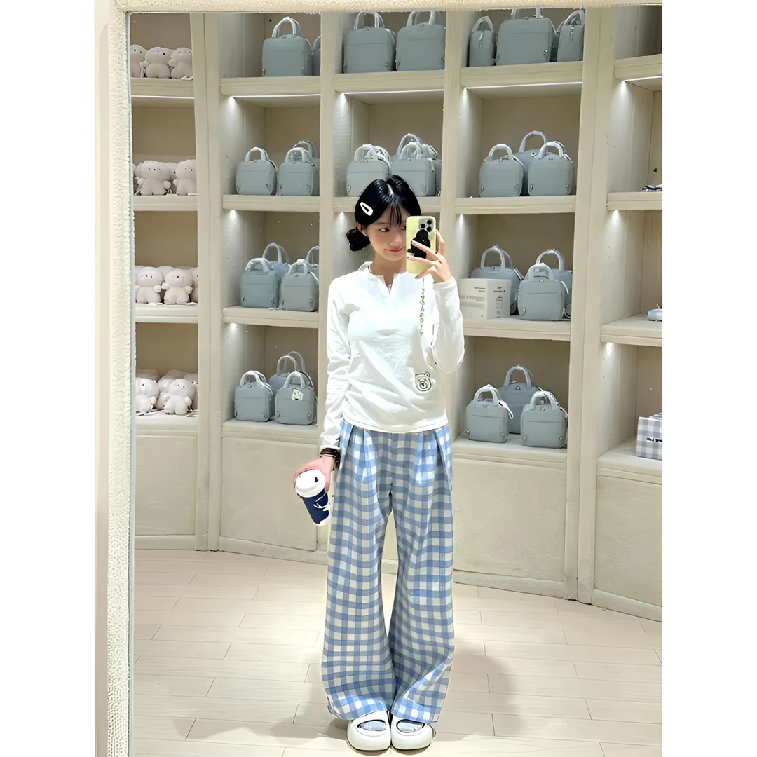 多巴胺蓝色格子阔腿裤女春季新款高腰宽松显瘦直筒休闲拖地裤子潮
