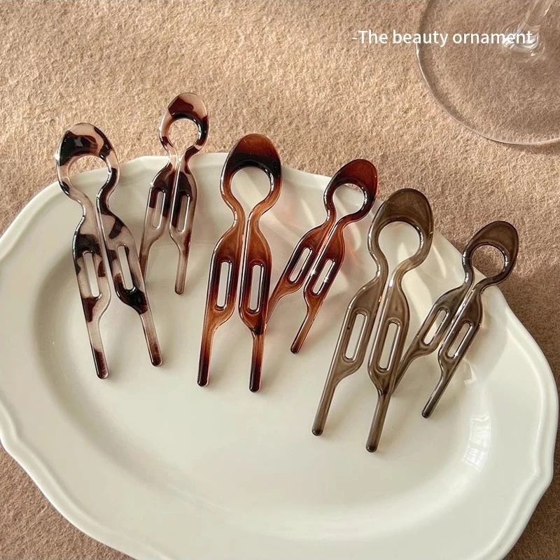 珍美妮复古豹纹小鱼发簪女后脑勺简约百搭丸子头盘发U型发钗多功