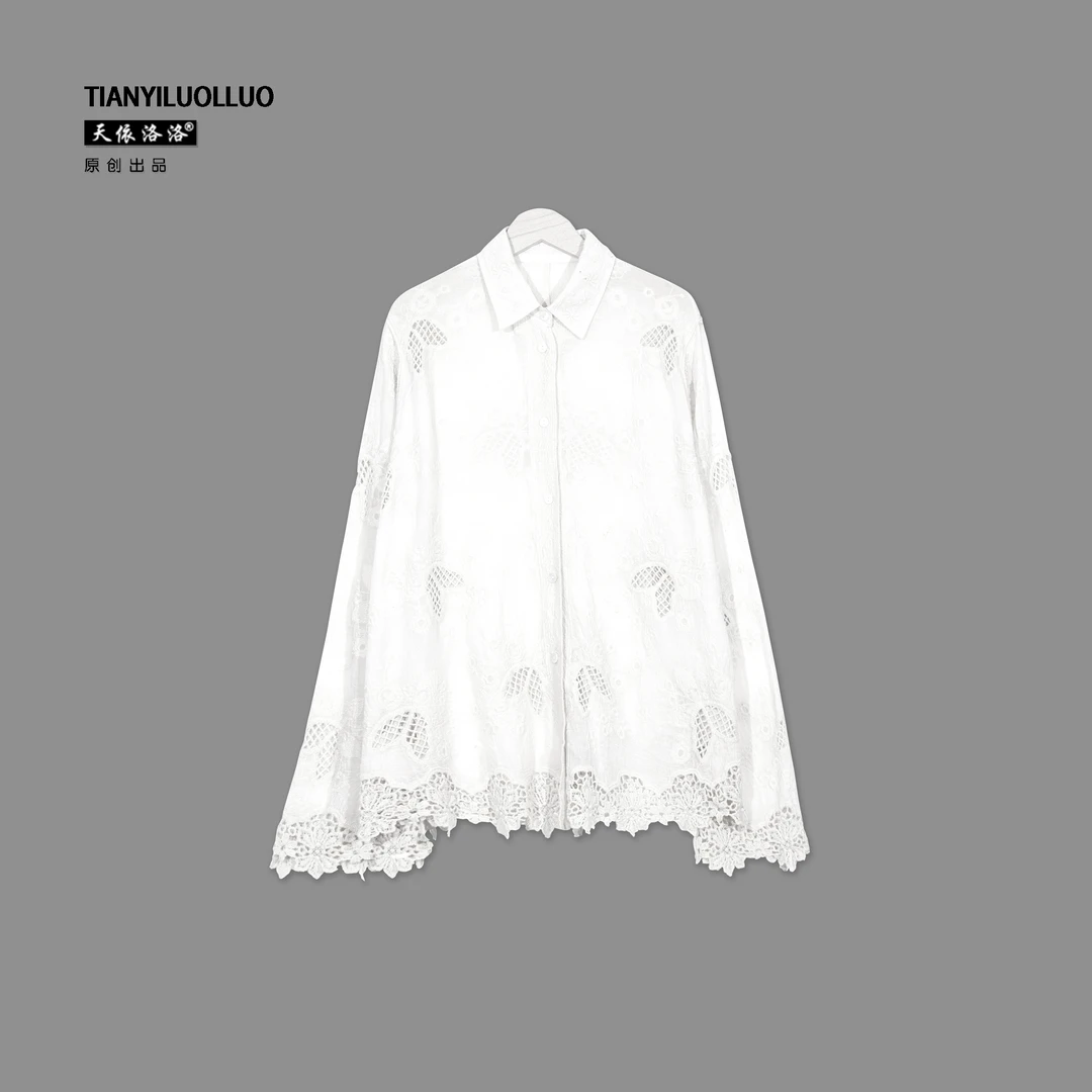 【天依洛洛】7955 刺绣气质长袖纯色时尚百搭宽松休闲衬衫