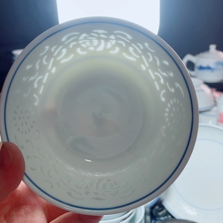 青花玲珑5寸饭碗满雕双福双线