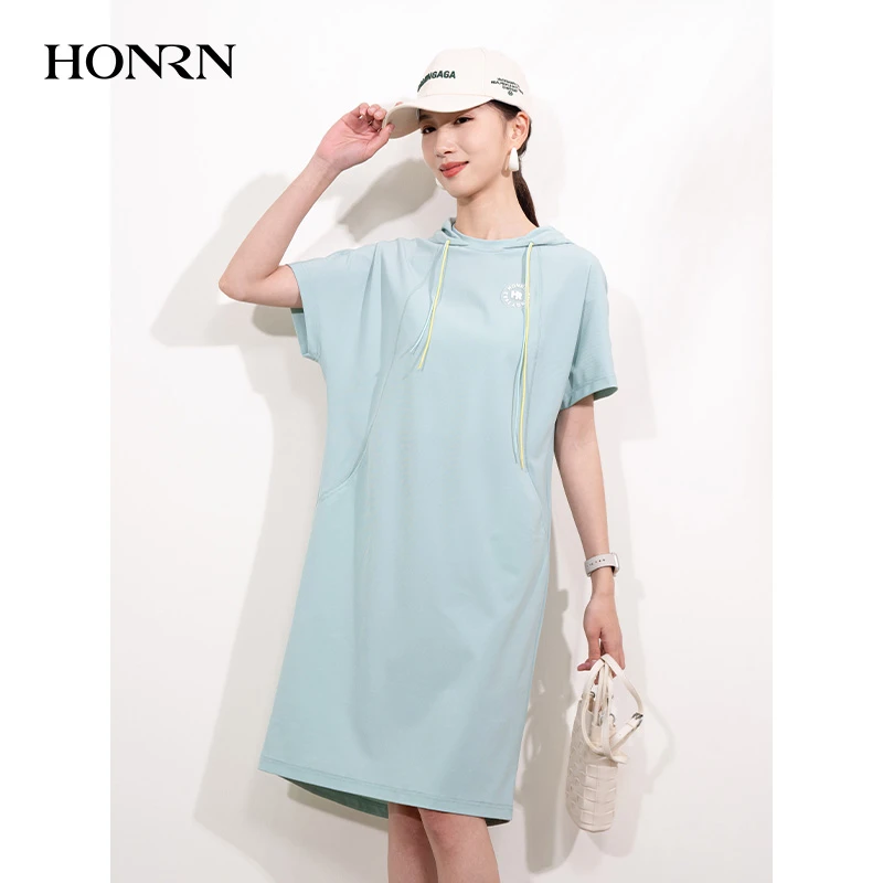 HONRN/红人绿色宽松显瘦裙子连帽短袖连衣裙T恤裙女夏HI22OL442
