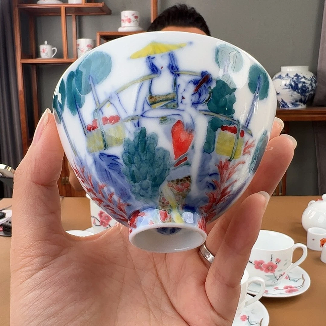 釉下彩 人物美女鸡心杯